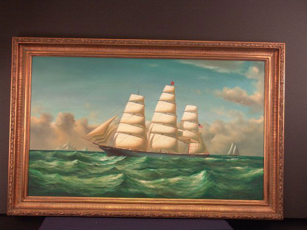 Oil on canvas of a clipper.: Clipper under full sail is shown passing through a flowing green ocean. Mounted into a wood and gesso frame. Signed lower right Jacob Lawson. Dimensions on sight 19 1/2" high x 35" long. Overall 27" h