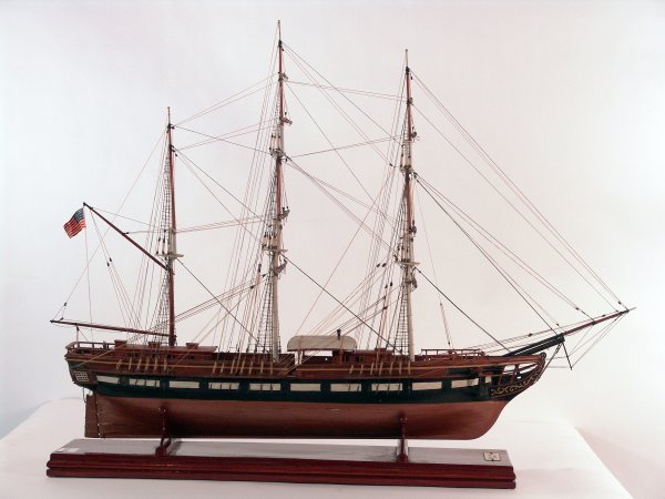 Scale model of the barque "Inca" of Boston.: Planked model of the barque "Inca" of Boston, 1841. Model has a planked deck, built up cabins, lifeboats, pump etc.... 40" long x 12" wide x 30" tall.