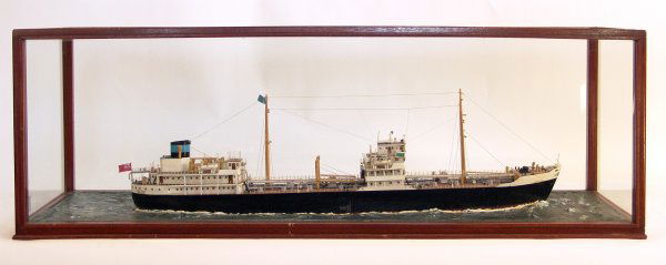Oil tanker ship model.: Scale, waterline model of the oil tanker Sheaf Royal of Newcastle. Details include all piping, gangways, cabins, deck hardware etc.... Set at it's waterline into a composition sea. Case dimensions 45"