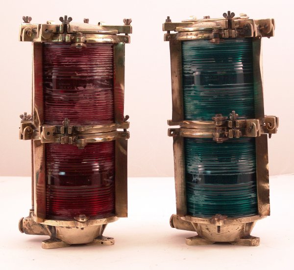 Pair of brass port and starboard lanterns : Brass double stack pier head lantern with red and green fresnel lenses. 9” diameter x 18” tall.