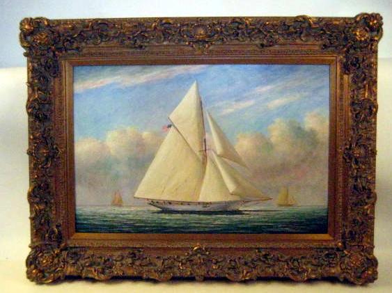Oil on canvas of the America's Cup yacht "Volunte: Oil painting of the 1887 America's Cup challenge with the Cup defender "Volunteer". Gaff rigged yacht is shown under full sail with crew on deck. Signed lower right D. Taylor. Mounted in a fine frame