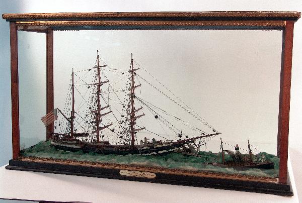 Diorama of Elice, Kennebunkport: Detailed diorama with the barque" Elice" of Kennebunkport along with two private steam yachts and an island with homes and lighthouse. From the collection of author "Booth Tarkinton of Kennebunkport M