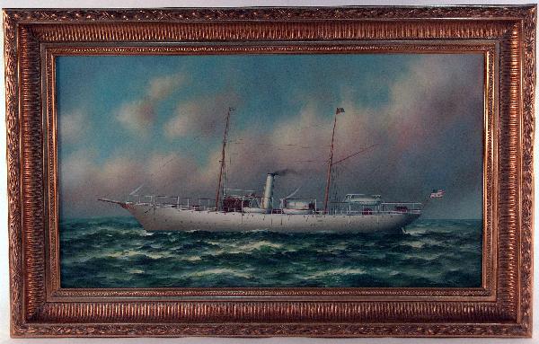 Oil on canvas - "Viking": Oil painting of the steam yacht "Viking" underway by P. Stanton. Steam yacht is very detailed with lifeboats hanging from davits, funnel, railings, cabins, bow sprit, masts, American flag, house burge