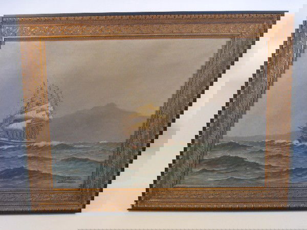 Five masted barque painting.: Oil on canvas of a five masted barque sailing through heavy seas under shortened sail. Signed lower right, O. Palmer. Mounted into a heavily carved frame. On sight 26" high x 38" wide. Overall 35" hig