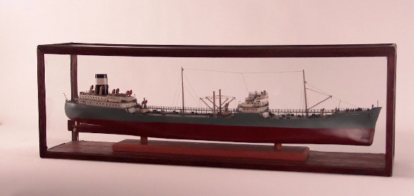 Tanker model: Cased model of the tanker Esso Trenton. Hull is painted grey over maroon, mounted into a glass case. 37" long x 8" wide x 12" high.