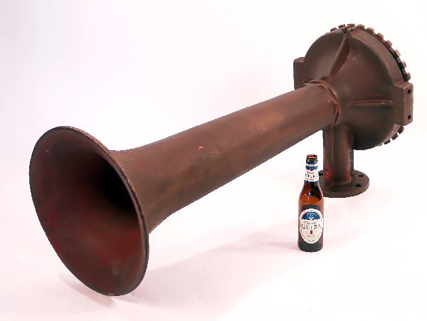 Huge Bronze Ship's Horn: Monumental ship's air horn with six bolt coupling. Maker's name with raised markers name Leslie Tyfon, Lyndhurst, N.J. #300.