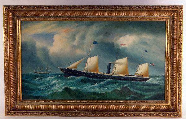 Oil on canvas of a sail and steam vessel underway: Painting of a steam yacht with full sail underway. Yacht is shown flying three burgees and an American Flag. Another steam vessel in the distance. Signed lower right. On sight 19 1/2" high x 35 1/2" w