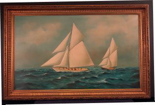 Oil on canvas of an America's Cup Race: Painting showing the America’s Cup defender “Vigilant” leading Valkyrie III from the 1893 America’s Cup finals. Signed lower right P. Stanton. Mounted into a wood and gesso frame painted gold.