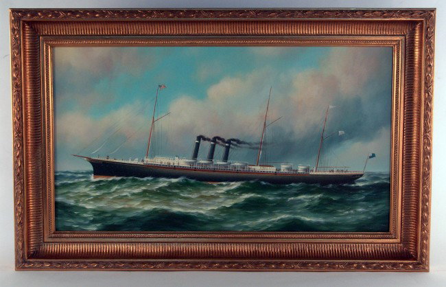 Oil on canvas of steamship "City of New York" : Portrait of the Inman liner "City of New York" seen moving through calm seas. Wood and gesso frame. Signed lower right P. Stanton. On sight 19 1/2" x 35". Overall 27" high x 43" wide.
