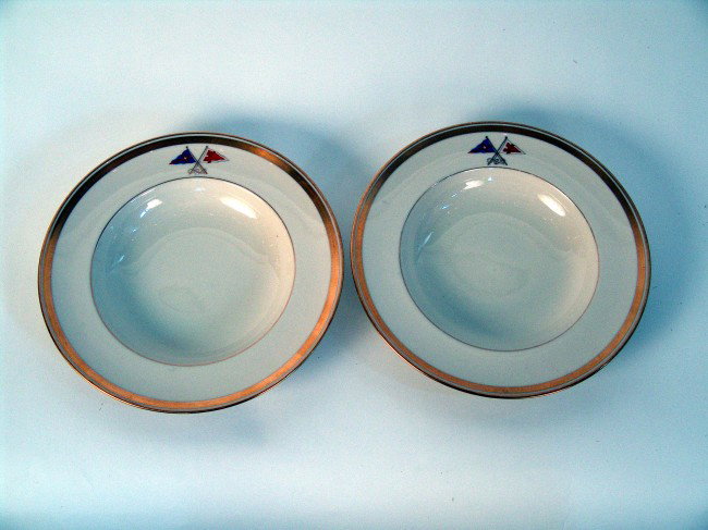 New York Yacht Club soup bowls.: Pair of china soup bowls from Sea Gypsy the private yacht belonging to CR Vose of Brooklyn NY. Bowls bear the New York Yacht Club burgees, the owner's private signal pennant and gold rims. Sea gypsy w