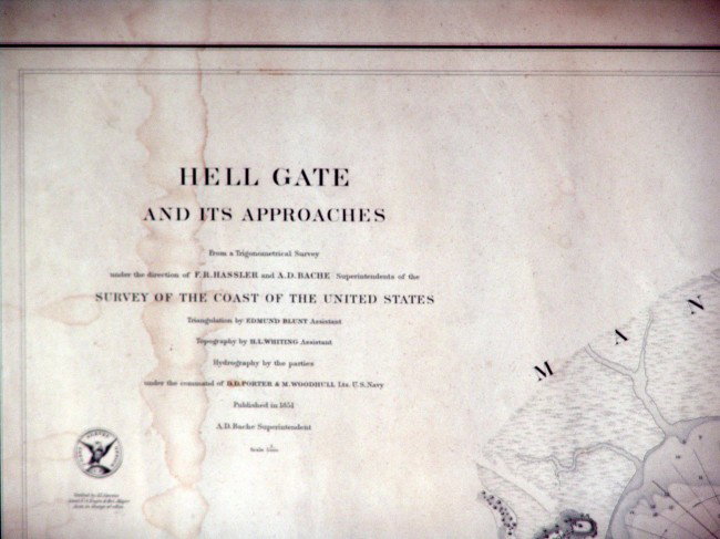 19th century New York "Hell Gate" chart: Original chart from 1852 showing the waters of new York Harbor known as Hell Gate. Landfall shown includes Manhattan, Long Island, Ward's Island, Randalls Island and Queens. Finely detailed. Fitted to