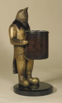 Penguin Wine Holder: "Antique Brass and Dark Bronze Penguin Wine Holder, leather barrel & black marble base. 16"" high x 8"" wide at base."