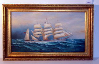 Oil painting of a square rigged ship: "Oil painting of a square rigged vessel under full sail underway with while hull flying a Union Jack. Signed lower right ""O'Leary"". 20"" x 35""/ Over all 28"" high x 43"" wide"