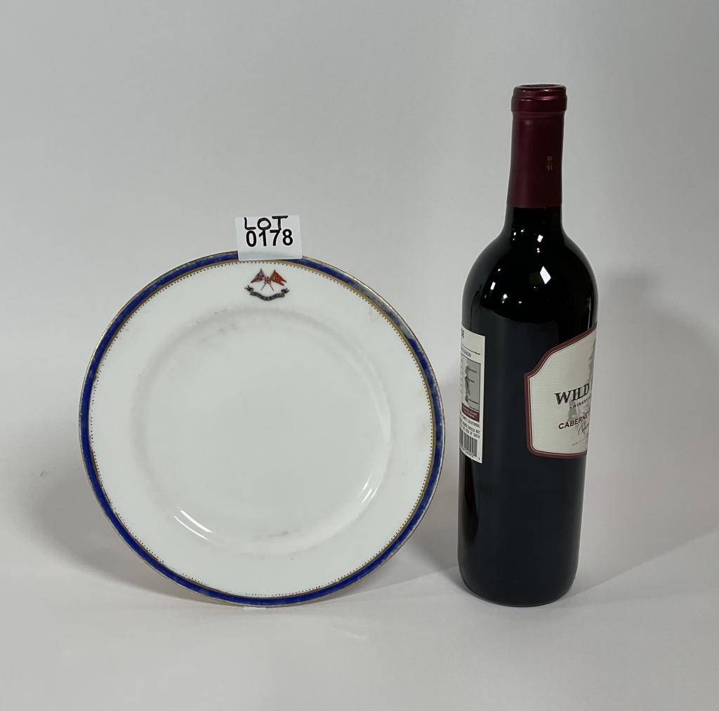Steam Yacht Corsair Dinner Plate NYYC: Steam yacht Corsair piece of China. The Minton's China has the J. Pierpont Morgan signature navy blue trim with gold accents. Top of plate has the New York Yacht Club burgee and the Morgan signature H