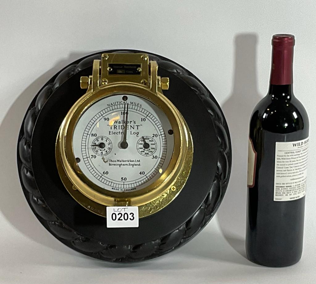 Ships Trident Log by Trident: Nautical ships log that has been meticulously polished and lacquered, Mounted to a heavy wood backboard, Faceplate measures miles on three independent dials, including miles, tens and hundreds of mole