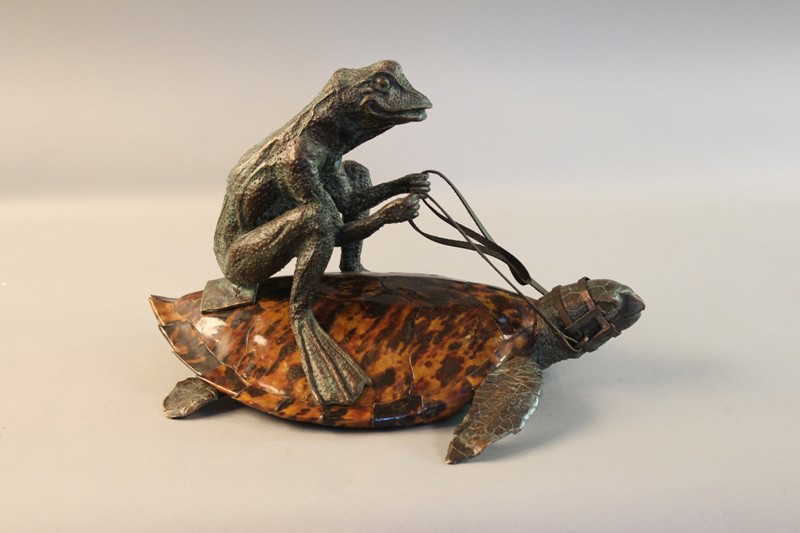 1048: Bronze sculpture of frog riding a turtle