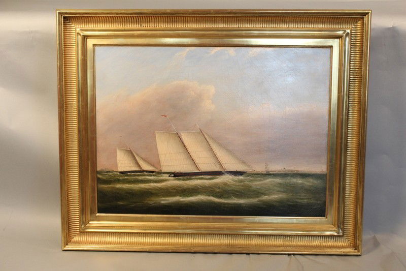 Oil on canvas attributed to Clement Drew, circa 1: Oil on canvas depicting yachts racing in Boston Harbor attributed to Clement Drew (1806-1889), circa 1850. A black hulled two masted schooner is at the center racing a black hulled sloop. Both yachts