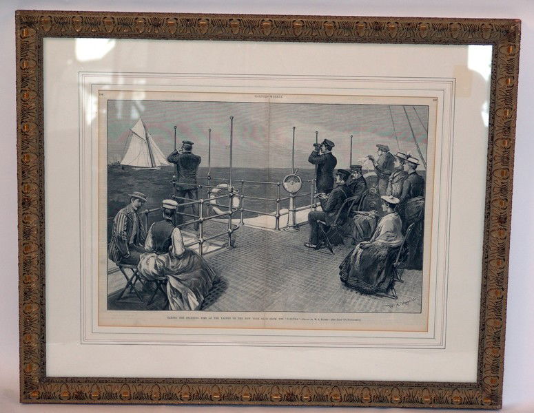 New York Yacht Club engraving: Late 19th century engraving titled "Taking the Starting Time of the Yachts of the New York Yacht Club from the Electra". Signed W.A. Rogers. A gentleman is shown seated with pad in hand, two are stand