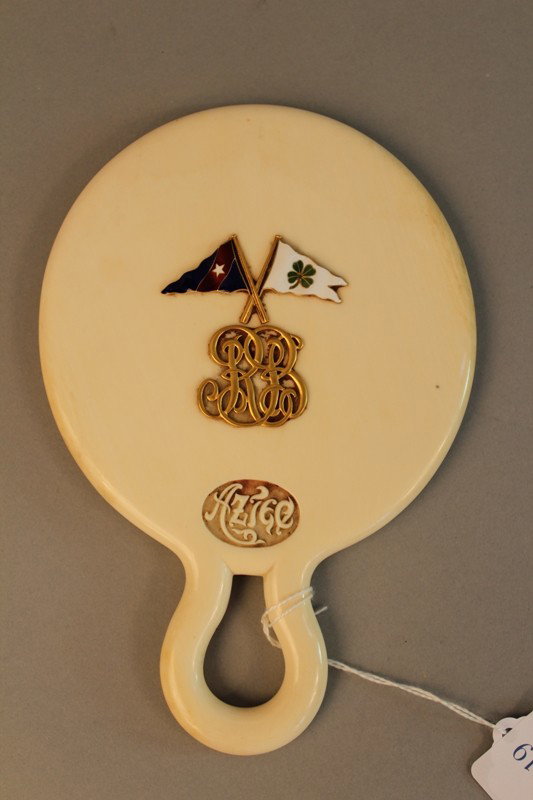 Ivory hand mirror from steam yacht "Aztec" of 190: Ivory hand mirror by Tiffany & Co., Union Square New York from the steam yacht Aztec of 1902. Owned by Albert Cameron Burrage (1859 - 1931) Boston attorney and copper baron, the Gardner & Cox designed