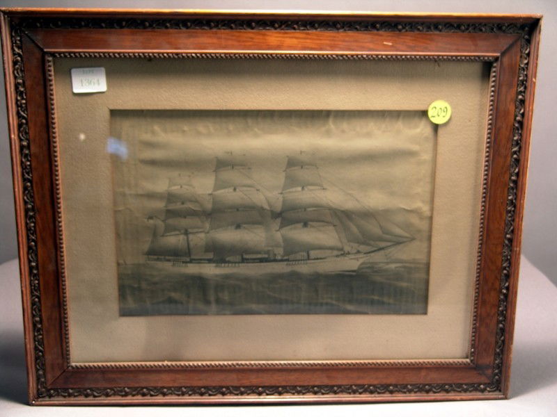 Early photo print of a steam yacht: Photo print of a steam yacht under full sail with label 209 from a sale held at the New York Yacht Club for it's members that was held in 1989. It is matted and framed in oak. Condition, somewhat fade