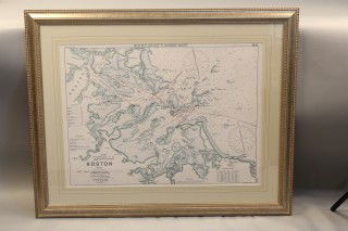 Hand colored chart of Boston Harbor: "Hand colored later copy of an Eldridge chart of Boston Harbor showing coast of Boston's North and South shores and the Harbor Islands. Mounted in a silver frame. Overall dimensions: 32"" x 40""