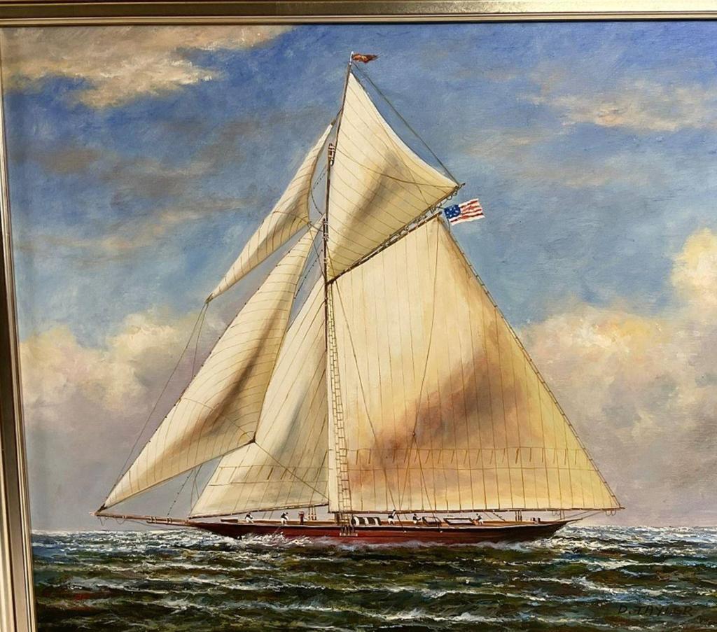 Yacht Painting by D Tayler: Gaff rigged yacht sailing through calm seas; vessel is flying a suit of five sails, oil on canvas, mounted into a painted silver frame, 28h x 32l sight. 10 lbs.