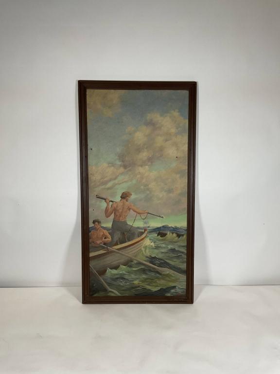 Mid Century Oil Painting Whale hunt by M. Tooker: Oil on board painting depicting two men on a board attacking a whale. Signed M. Tooker and dated 1946 in the lower right. Wooden Frame. Nice old whaling related painting. Dimension: 48"H x 25" W