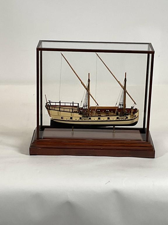 Charles Fox Model of an American Gunboat: Fine model of an American gunboat by Expert Modeler Charles S. Fox of Cape Cod. Planked deck, fourteen cannon on rigged carriages, lateen rig. Custom case. Charles Fox has models in many museums inclu