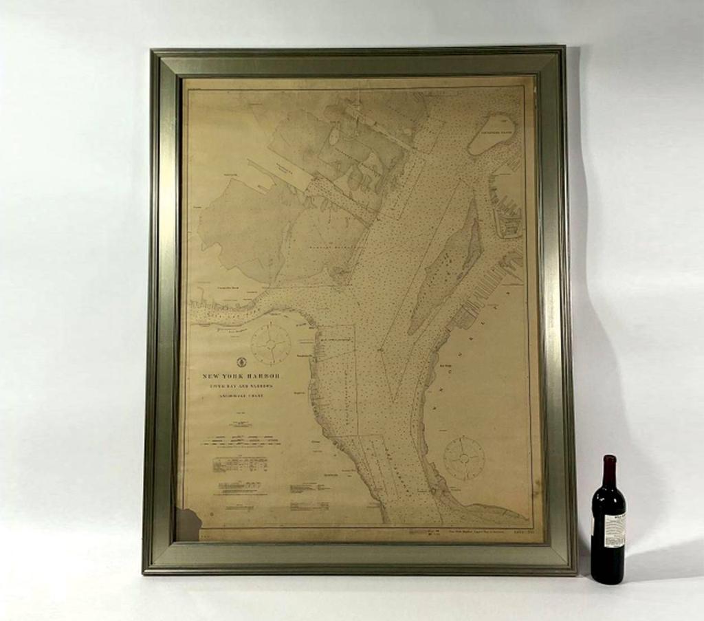 1914 Maritime Chart Of New York Harbor: US Coast Survey Chart dated 1914. This is a nautical anchorage chart of New York Harbor, upper bay and narrows. This particular chart has areas marked where vessels were allowed to anchor in the bustl
