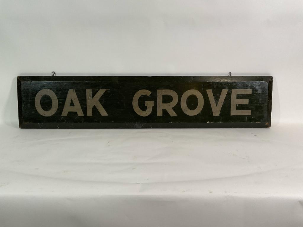 Antique Oak Grove Train Station Sign: Historic train station sign from the Malden Massachusetts Boston and main train stops at "Oak Grove". Painted "Oak Grove" on a solid piece of timber. One sided plaque. Nice size, just under five feet.