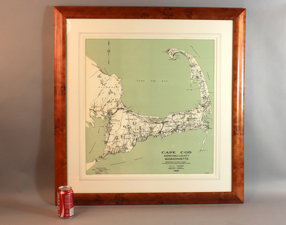 Matted and Framed Map of Cape Cod: Later copy of a 1922 map of Barnstable County, Cape Cod. View shows the entire Cape from Bourne to Provincetown. Of special interest is the coastline near Chatham and Monomoy where major changes have 