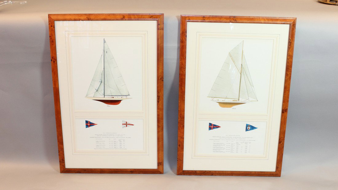 Pair of America's Cup Yacht prints: Framed pair of prints showing the America's Cup defenders Ranger of 1937 and Resolute of 1920. Both have inset panels with race results and yacht club burgees. Framed in birdseye maple. 20" wide x 30"