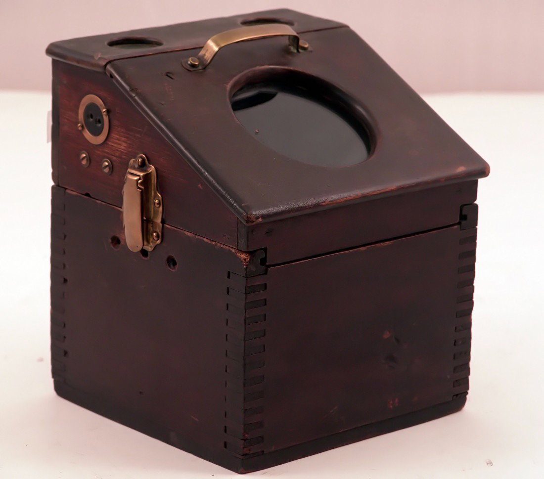 19th Century compass: 19th century, dry card yacht compass by Riggs and Brothers of Philadelphia. Fitted into a dovetailed box with cover. Fine piece with unique details. 7 1/2” wide x 7” deep x 9” tall.