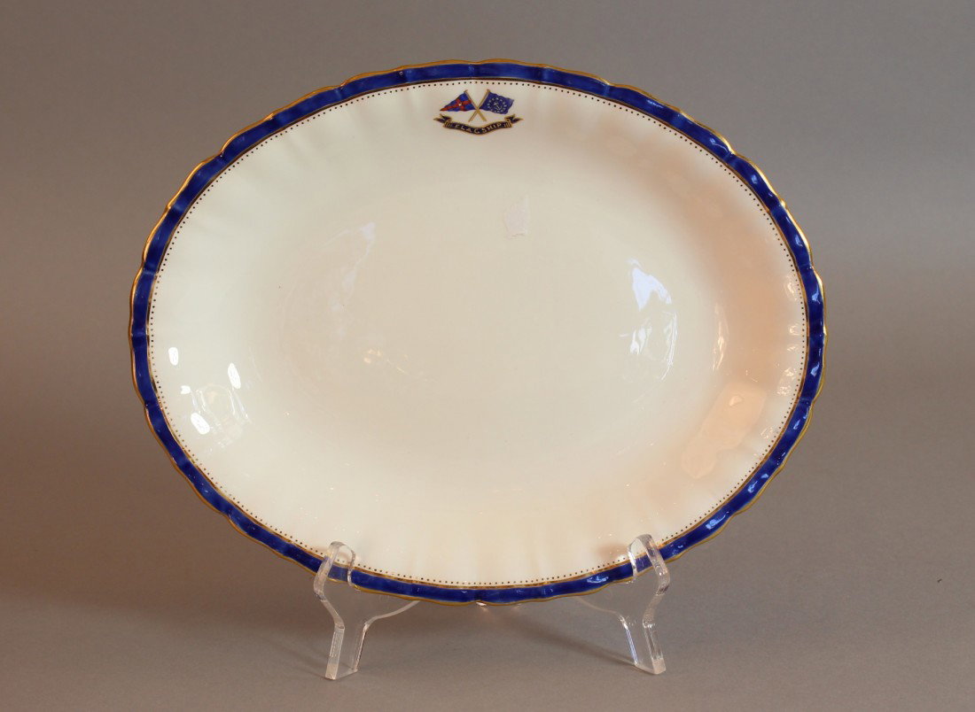 Scalloped serving platter from J.P. Morgan's Flagsh: 19th century Mintons Flagship Corsair oval, Scalloped Edge Platter 11" x 8 1/2". The Minton’s china is from J.P. Morgan's personal private steam yacht "Corsair" of 1890 and has the J. Pierpont Morga