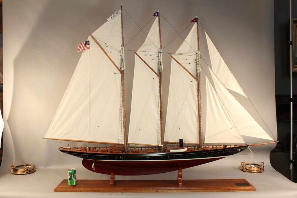 Large model of the Schooner yacht Atlantic: Highly detailed model of the Schooner Yacht Atlantic. Details include, winch, ventilators, companionways, masts, booms, rigging and full suit of stitched linen sails, anchor and davit, engine room lig