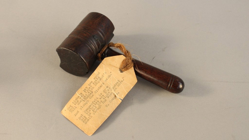 Mallet from HMS Royal George, 1756: Wooden serving mallet carved from the bitts from the HMS Royal George of 1756. Royal George went down off of Portsmouth in 1782. The mallet was brought home by the Captain Martin Humphrey and was pres