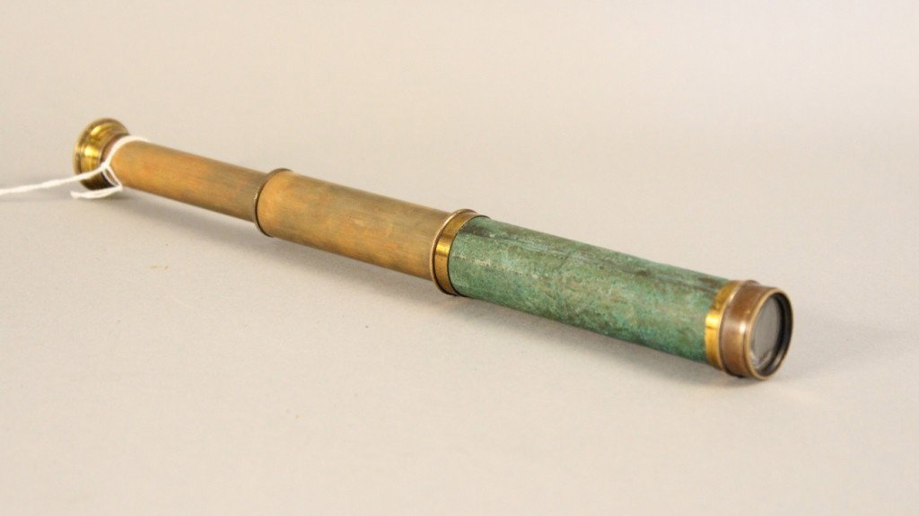 Three Draw Solid Brass Spyglass: Solid brass ship's spyglass with three draws, sliding cover on eyepiece. Good optics. 5 1/4" close, 15" open.