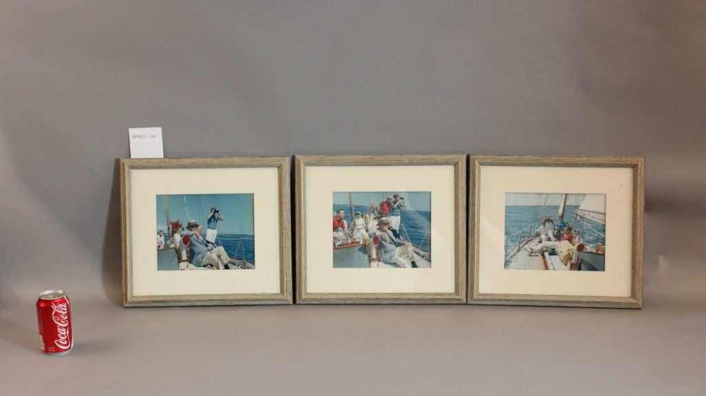 Photos showing J.F. Kennedy, John Kerry yachting.: Group of three mid 20th century color photographs showing a group on board a sailing yacht off the coast of the Cape or Islands, that includes then President John Fitzgerald Kennedy, John Ford Kerry e