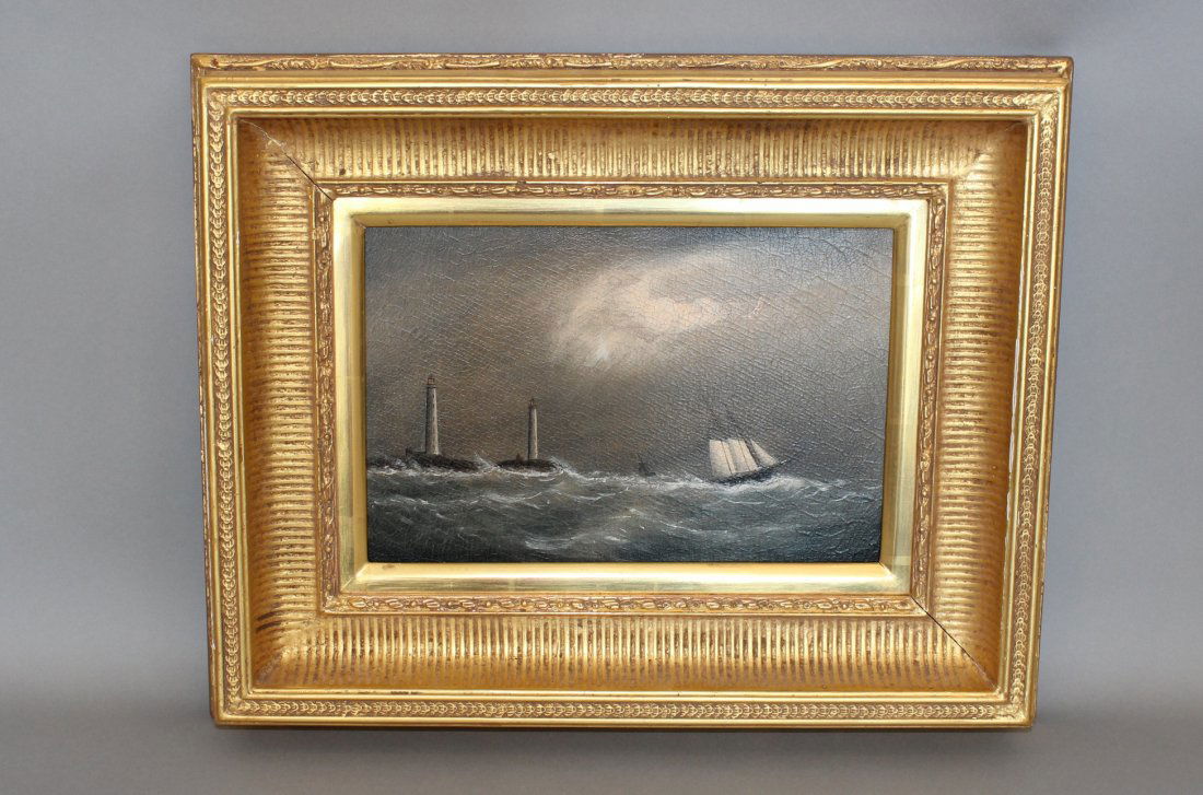 "Thatcher Island" by Clement Drew, 1873": "Nineteenth century oil on canvas of Thatcher Island and the twin lights off Gloucester. Painted in 1873 by Clement Drew. A two masted schooner is shown safe passage by the two towering lighthouses wi