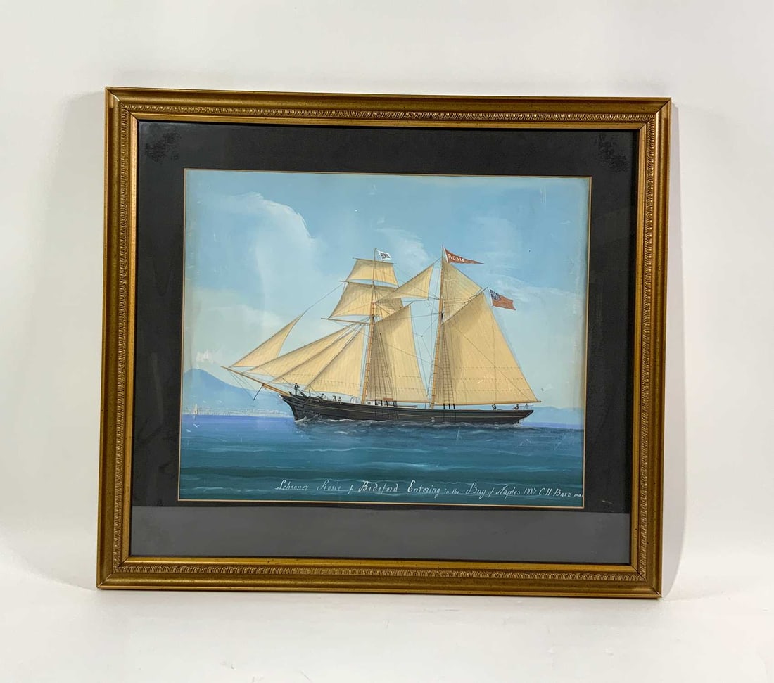 Bay Of Naples Brigantine Painting: Gouache painting of the Brigantine Rosie of Biddeford in the Bay of Naples in 1887. C.H. Bate, Master. Finely detailed work with trimmed sails, standing and running cords, crew on deck, one with binoc