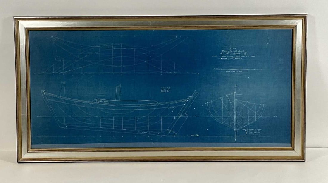 Block Island Boat Blueprint from Wickford R.I.: Original blueprint of the block island boat "Glory Anna II", owner Paule Loring, Wickford R.I. 1948, Builder AC Howard. The keel is signed by naval architect G.M. Cunha, 1948. This is the lines drawin