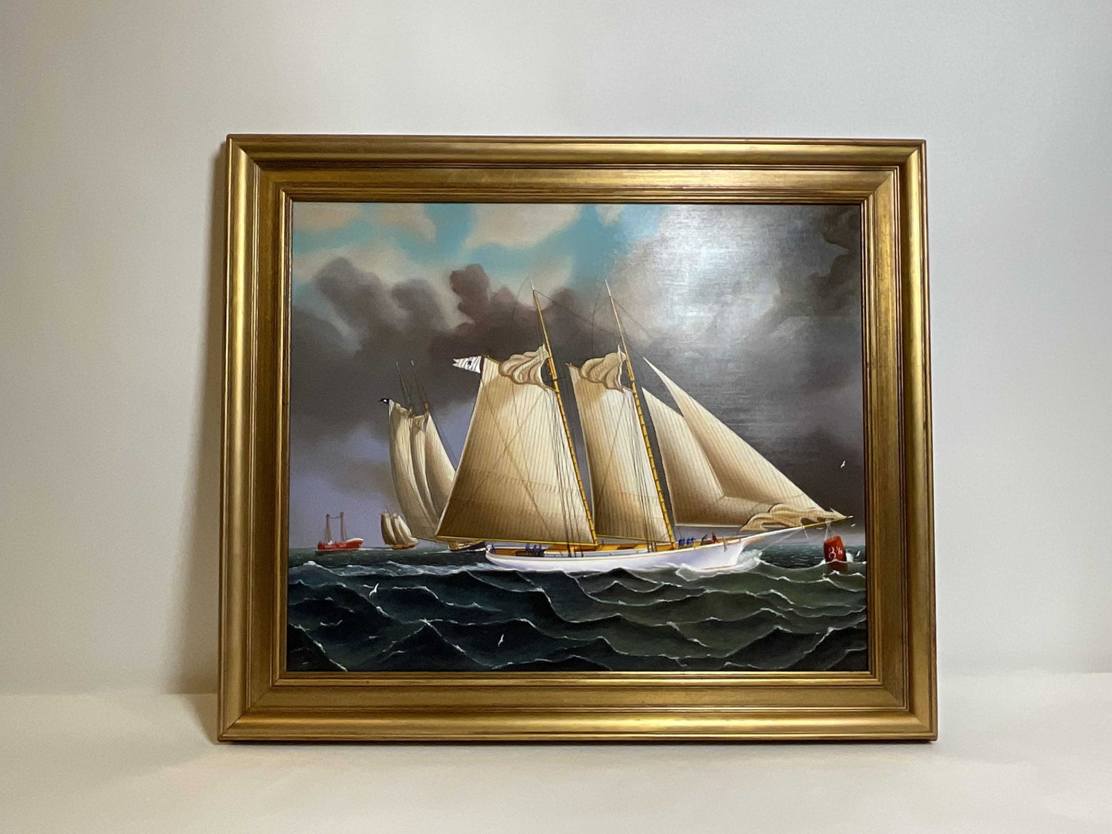 Schooner Yacht Magic Passing Sandy Hook: 30 x 35 Fine painting showing the New York Yacht Club vessel "magic" leading a regatta. The SANDY HOOK lightship is in the background. Quite colorful 23 x 28 30 x 35