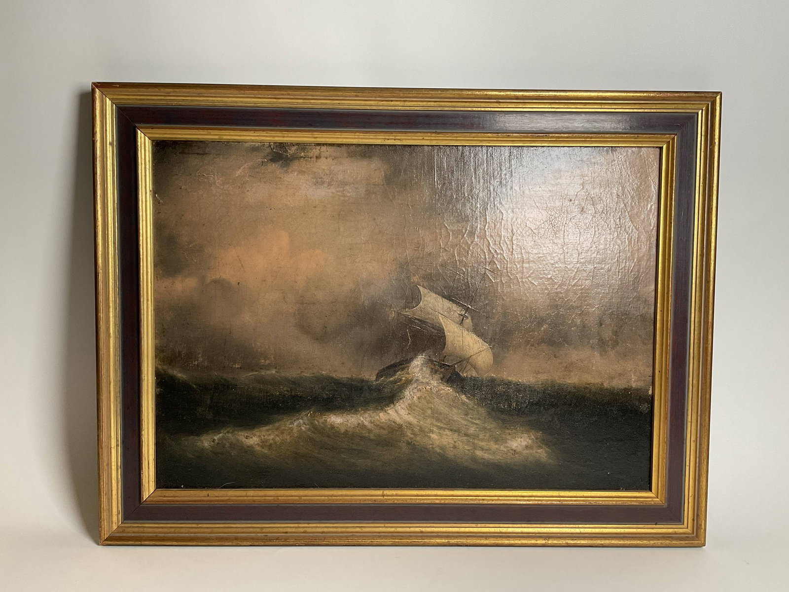 Clement Drew Marine Painting: Oil on canvas of a ship sailing under shortened sail through high seas. Attributed to Clement Drew. Unsigned. Relined. 18"Hx24"W 4lbs.
