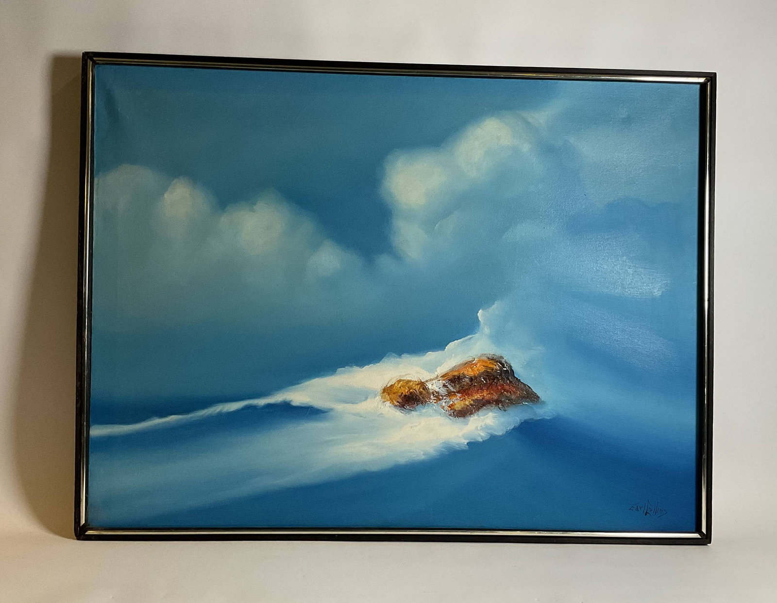 Ocean Painting By Marine Artist Earl Collins: Colorful seascape by Earl Collins showing spraying white surf around upcroping rocks against a similar blue sky. 31"L x 41"W 5 lbs.