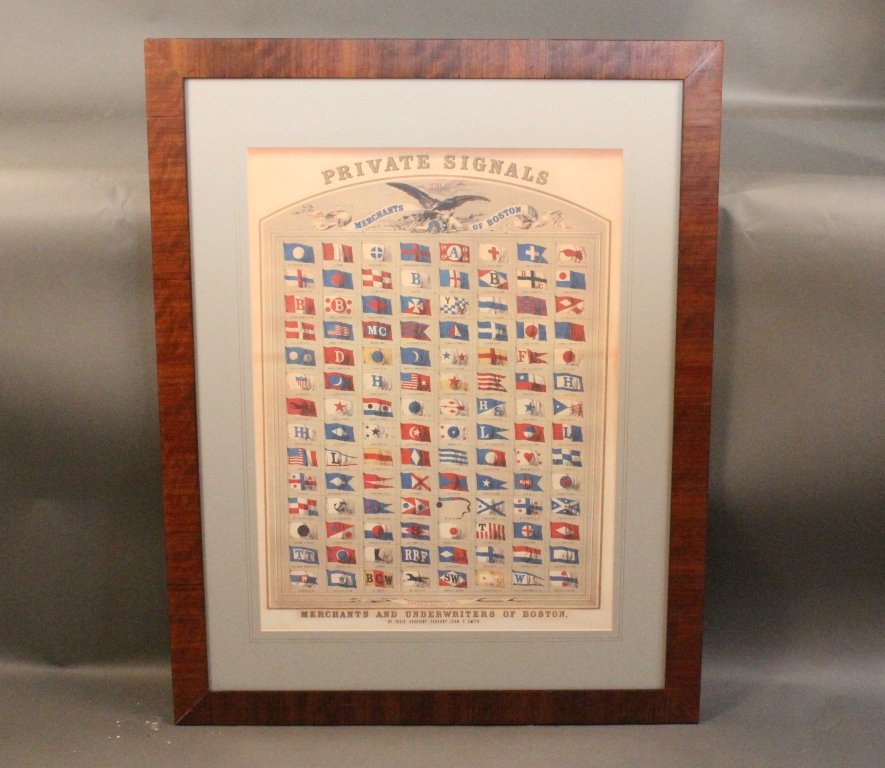 Framed Merchant’s of Boston print: Later copy of a 19th century merchant’s of Boston lithograph displaying shipowners of Boston with private signal flags mounted into a burl frame. 38” x 29”