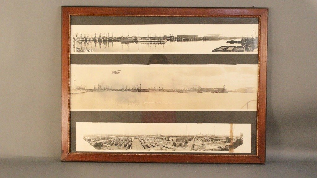 Framed Philadelphia Navy Yard Photographs: Early photographs of the Philadelphia Navy Yard. Set of three photos mounted into an old frame. The titles read "Reserve Basin", Back Channel, Navy Yard, Philadelphia PA and League Island, Navy Yard P