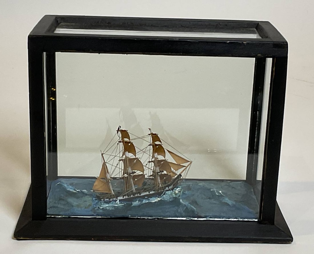 Miniature Barque by C. Brookings Wetherbee: Fine miniature model of a barque under full sail by C. Brookings Wetherbee of Canton Mass. Wetherbee was a wealthy Yankee who built ship models. Set at its waterline in a glass case. 6" H x 9" W x 5"