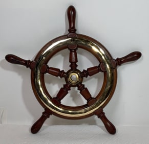 Mahogany and Brass Five-Spoke Yacht Wheel