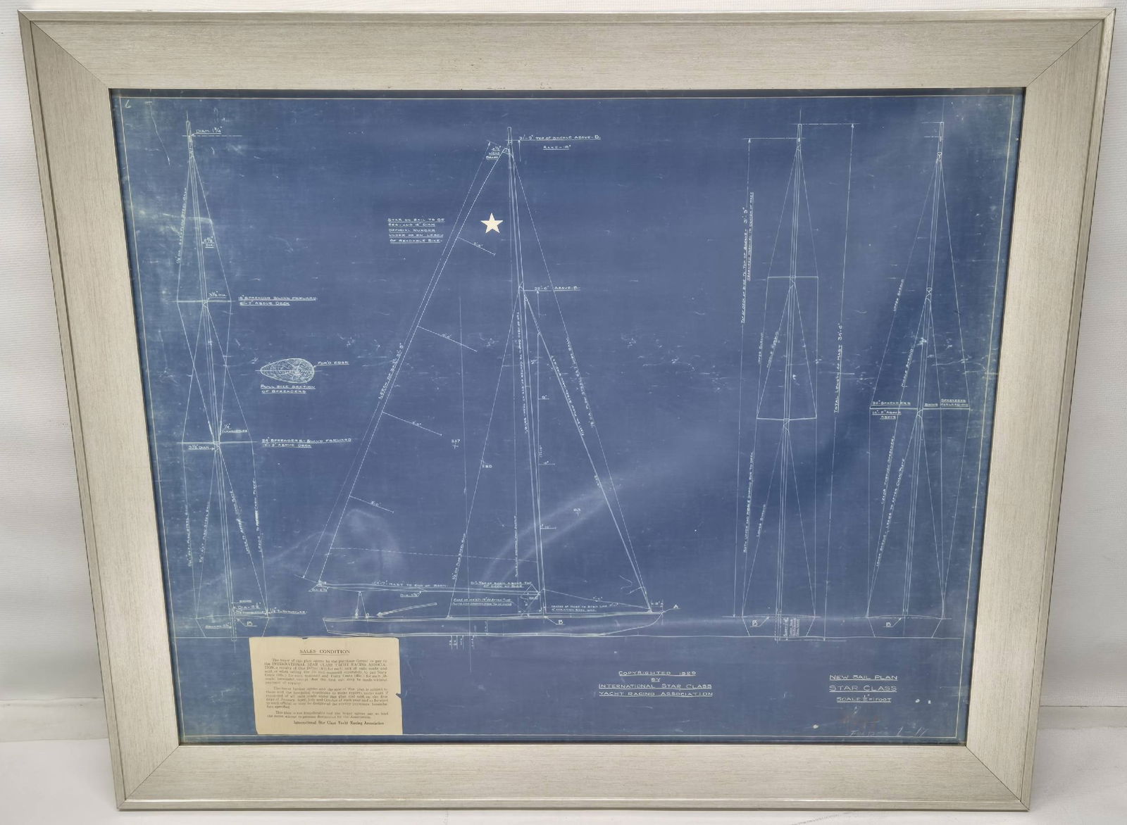 1929 Star Class New Sail Plan Blueprint in Frame: Rare yachting blueprint plan with legend plate that reads 'New sail plan, Star Class, scale 1/2 inch equals one foot.' Copyrighted 1929 by the International Star Class Yacht Racing Association. The pl