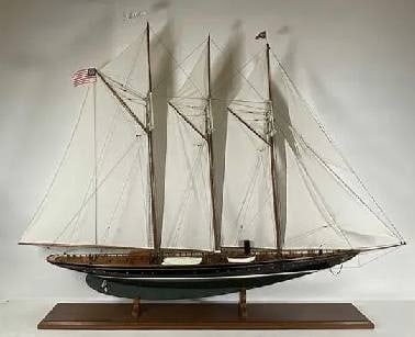Schooner Yacht Atlantic Museum Quality Model: Exhibition quality six foot model of the American Schooner Yacht Atlantic. Planked deck, skylights, cabins, lifeboats, full suit of sails, etc.. Expertly crafted. Atlantic was a famous yacht owned by